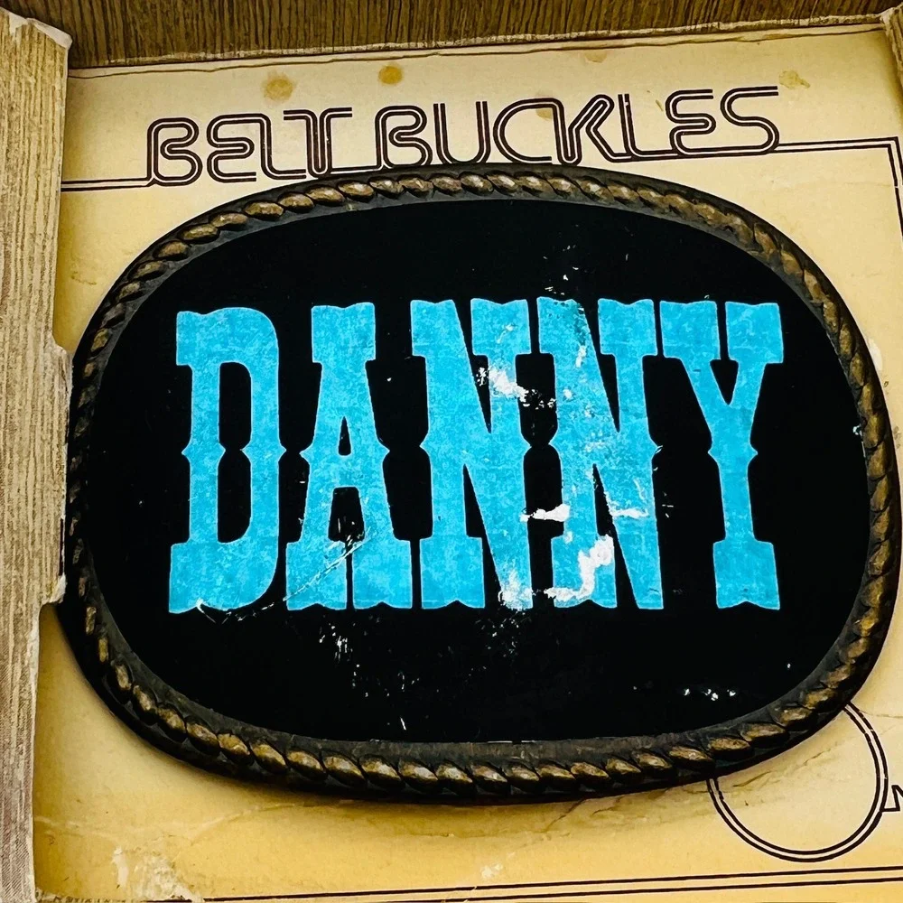 Vintage Danny Name Belt Buckle Blue‎ Western Font Black Oval Rope Border Boxed